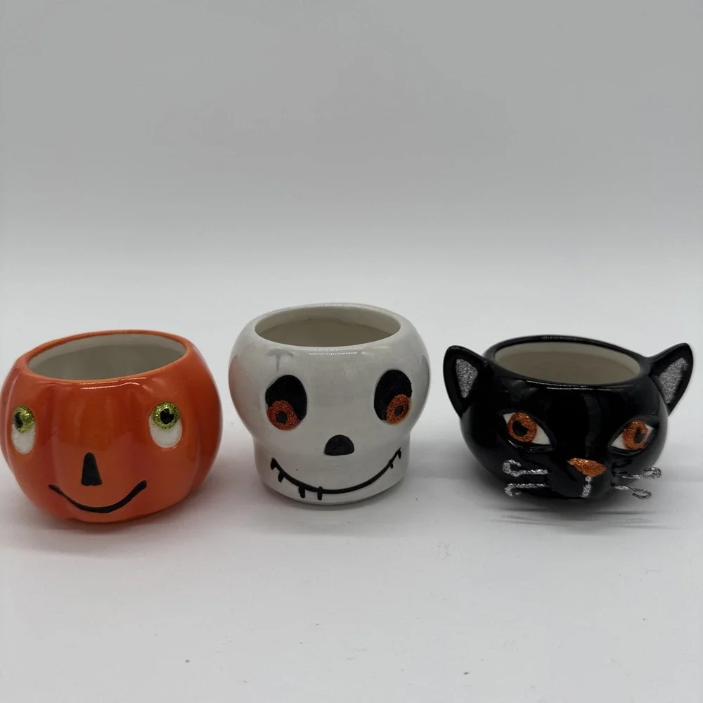 Hallmark Halloween Tea Light Votives Jack O'Lantern Skull Black Cat Candles Set